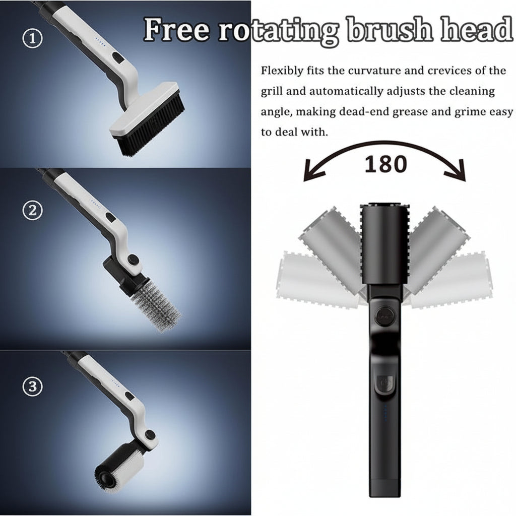 Electric BBQ Grill Brush with Rotating Bristles and Rechargeable Battery, Includes 2 Replacement Heads