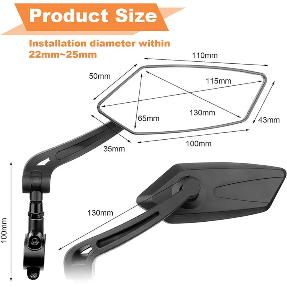 Pack of 2 Handlebar Bike Mirrors with Large Flat Glass, 360 Degree Rotation and Foldable Design