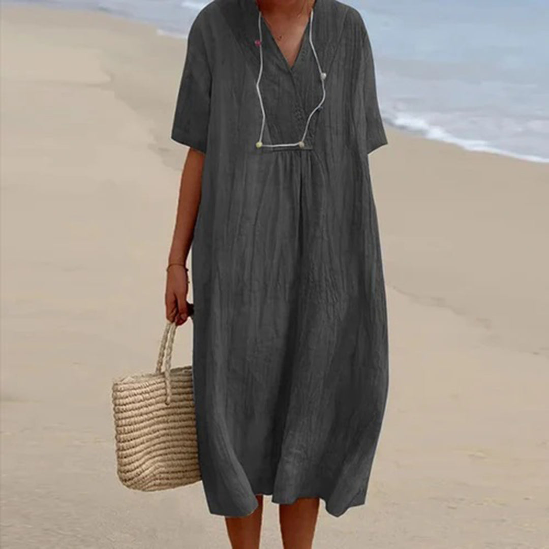 Summer Linen Midi Dress  V-Neck Loose Fit Design - Product detail 9