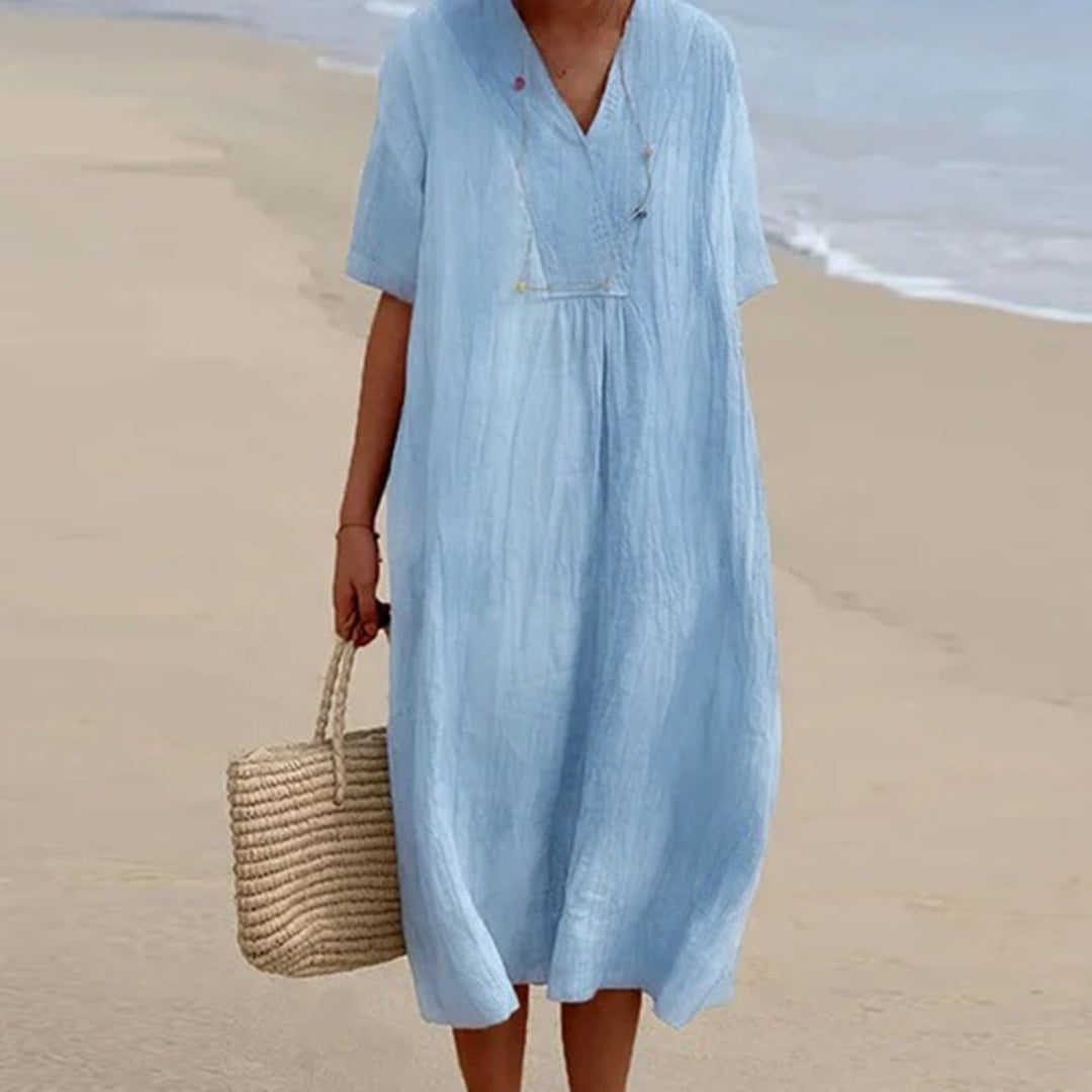 Summer Linen Midi Dress  V-Neck Loose Fit Design - Product showcase