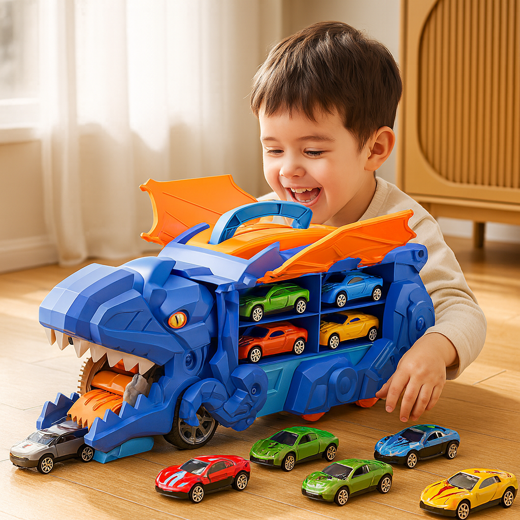 Transforming Dinosaur Truck with Car Feeding Action and Flashing Lights