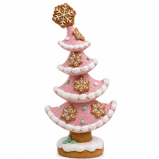 Gingerbread Christmas Tree in Pastel Pink with Built-In LED Lights, Resin Tabletop Decor