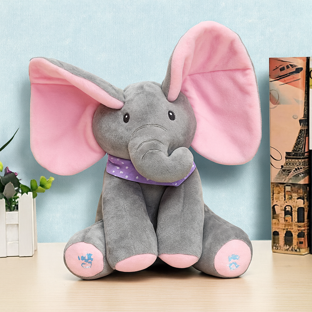Interactive Elephant Plush Toy with Peek-a-Boo Game and Flapping Ears