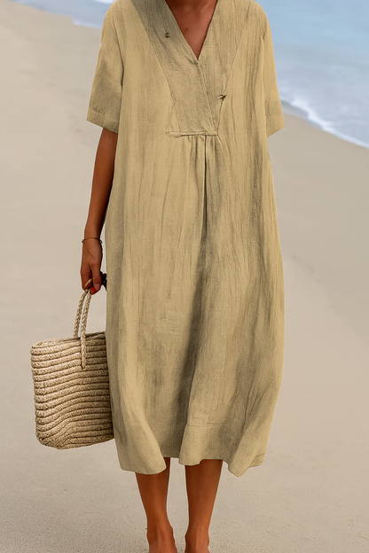 Lightweight Beach Dress with V-Neck and Polyester Blend, Short Sleeves