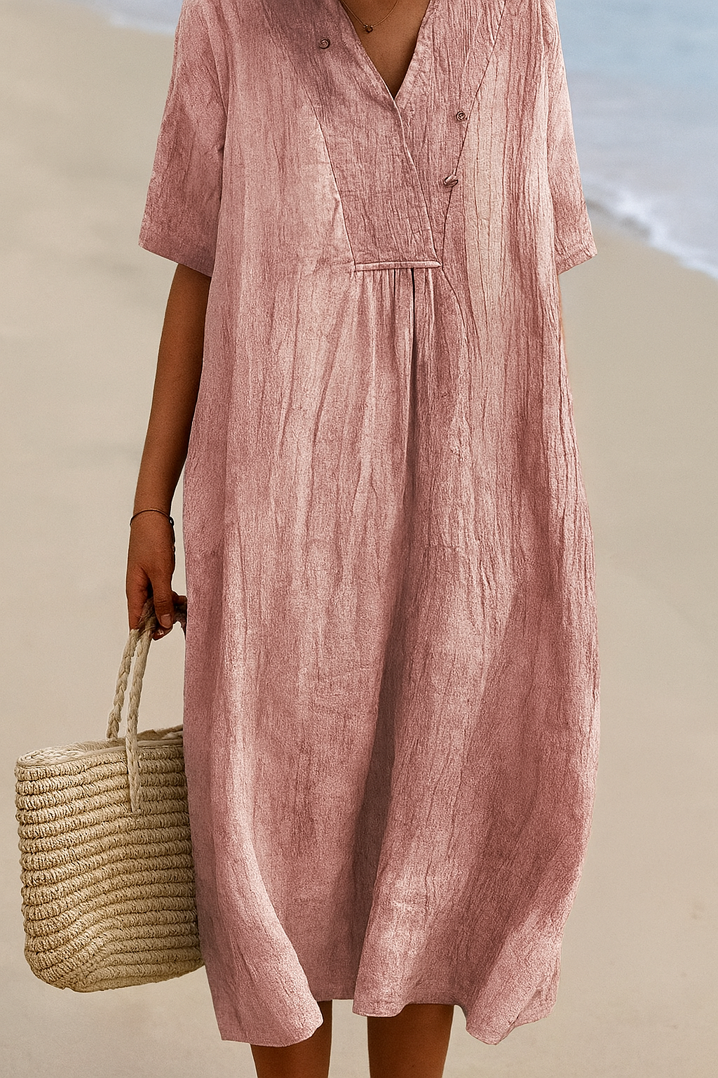 Lightweight Beach Dress with V-Neck and Polyester Blend, Short Sleeves