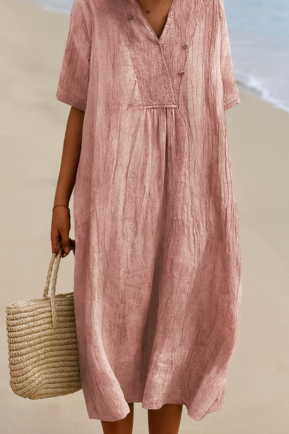Lightweight Beach Dress with V-Neck and Polyester Blend, Short Sleeves