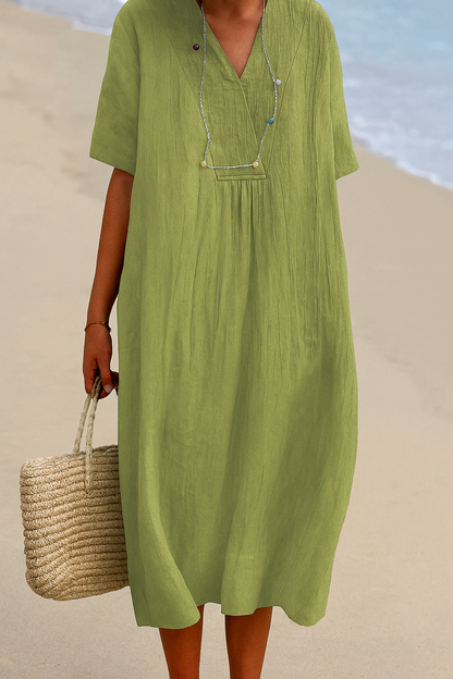 Lightweight Beach Dress with V-Neck and Polyester Blend, Short Sleeves