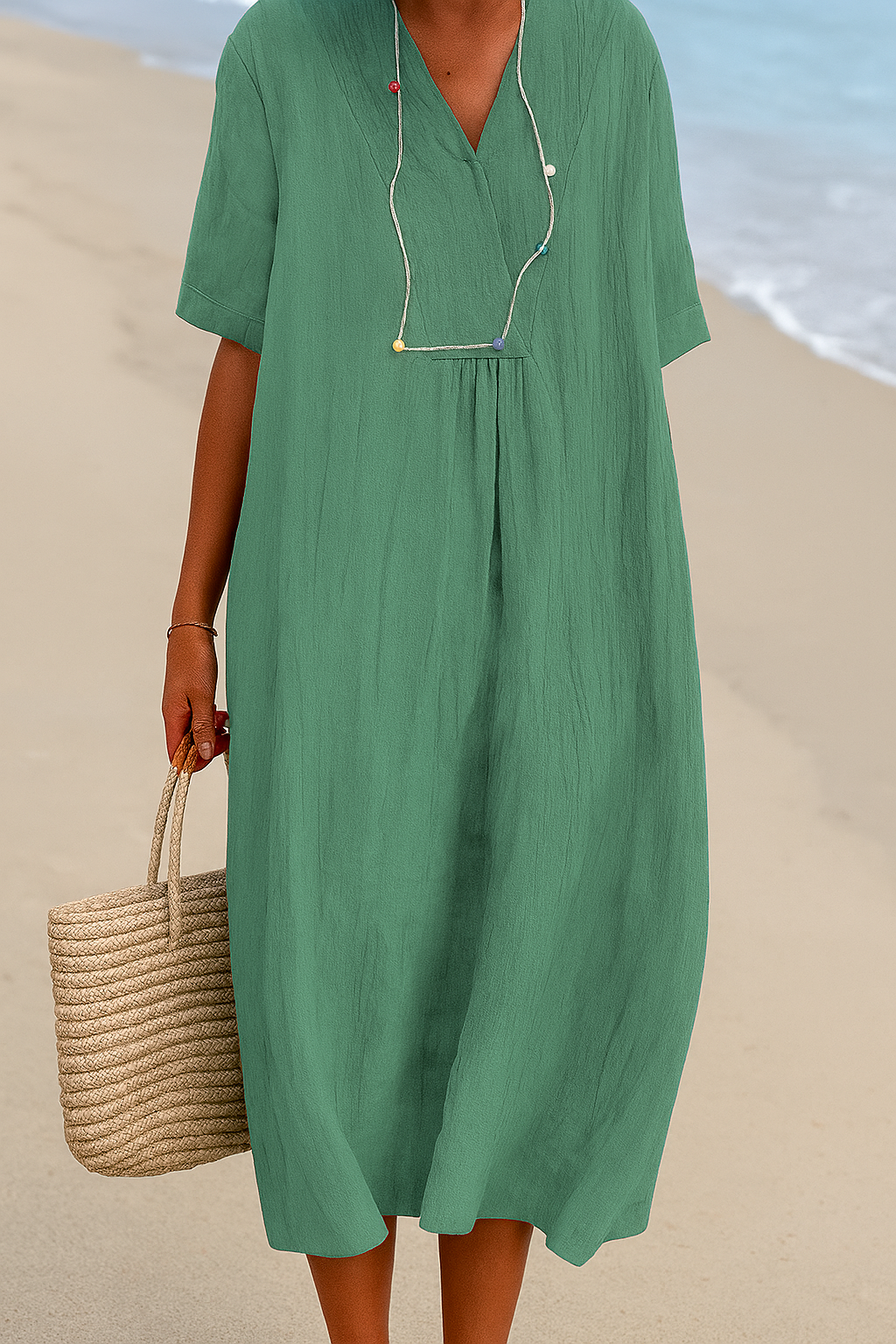 Lightweight Beach Dress with V-Neck and Polyester Blend, Short Sleeves