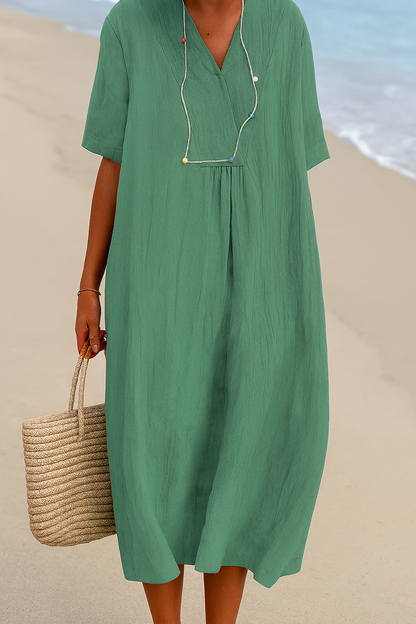 Lightweight Beach Dress with V-Neck and Polyester Blend, Short Sleeves