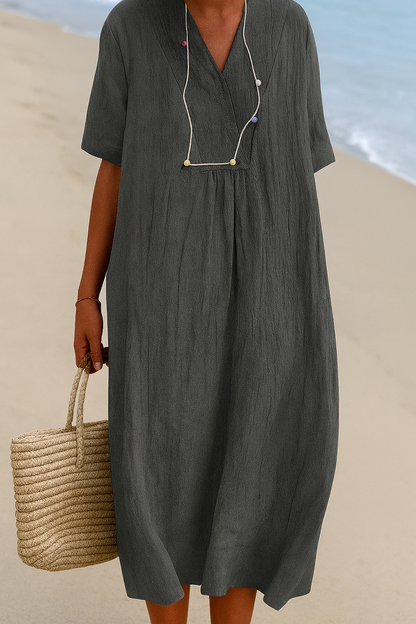 Lightweight Beach Dress with V-Neck and Polyester Blend, Short Sleeves