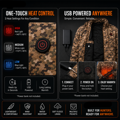 Heated Outdoor Jacket with 7-Zone Carbon Fiber Elements and Adjustable Hood, Camouflage