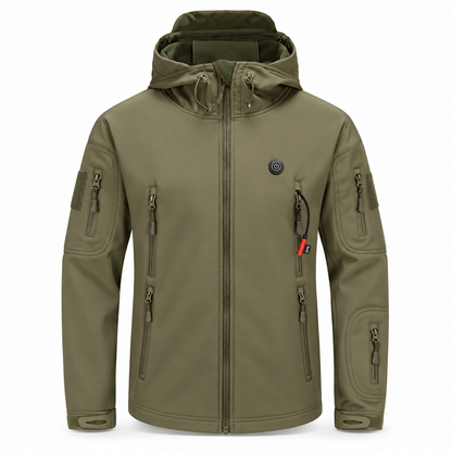 Heated Outdoor Jacket with 7-Zone Carbon Fiber Elements and Adjustable Hood, Camouflage