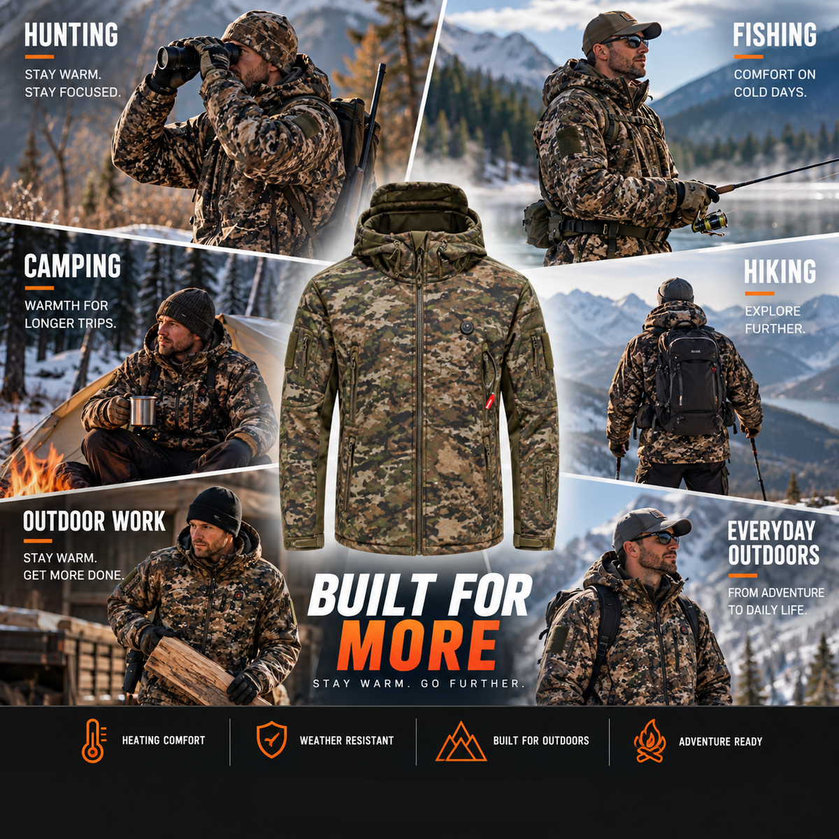 Heated Outdoor Jacket with 7-Zone Carbon Fiber Elements and Adjustable Hood, Camouflage
