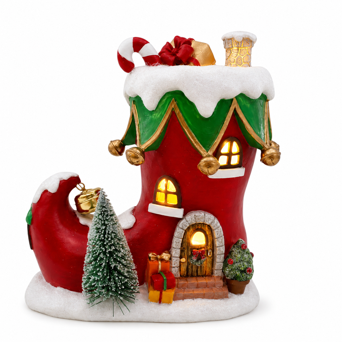 Lighted Resin Boot House with Molded Holiday Details and Glowing Windows