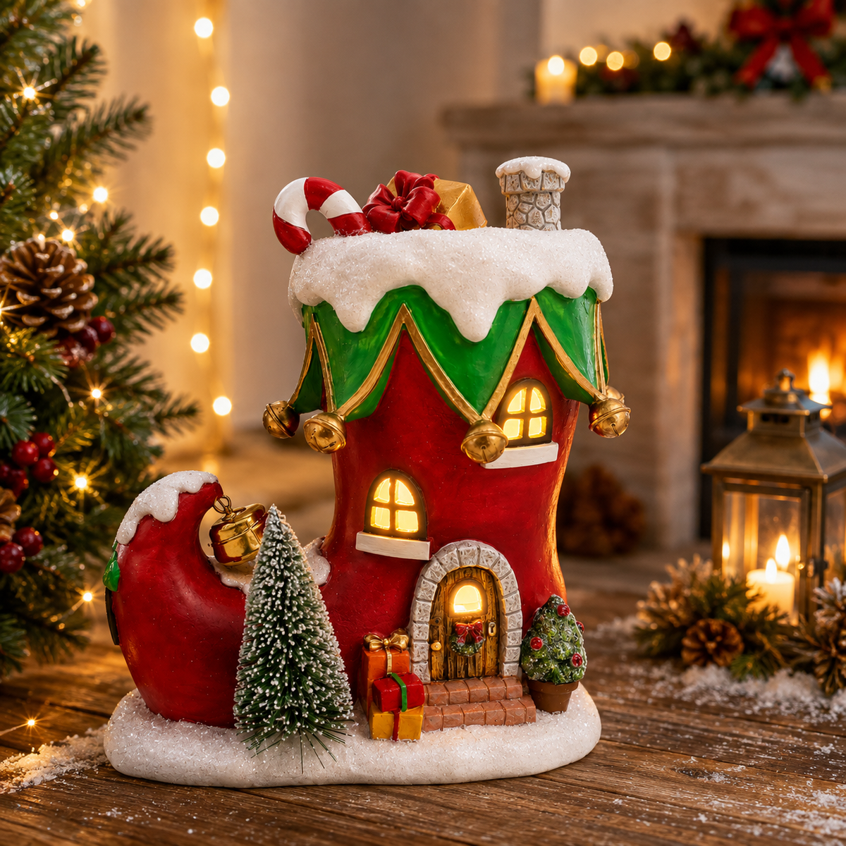 Lighted Resin Boot House with Molded Holiday Details and Glowing Windows