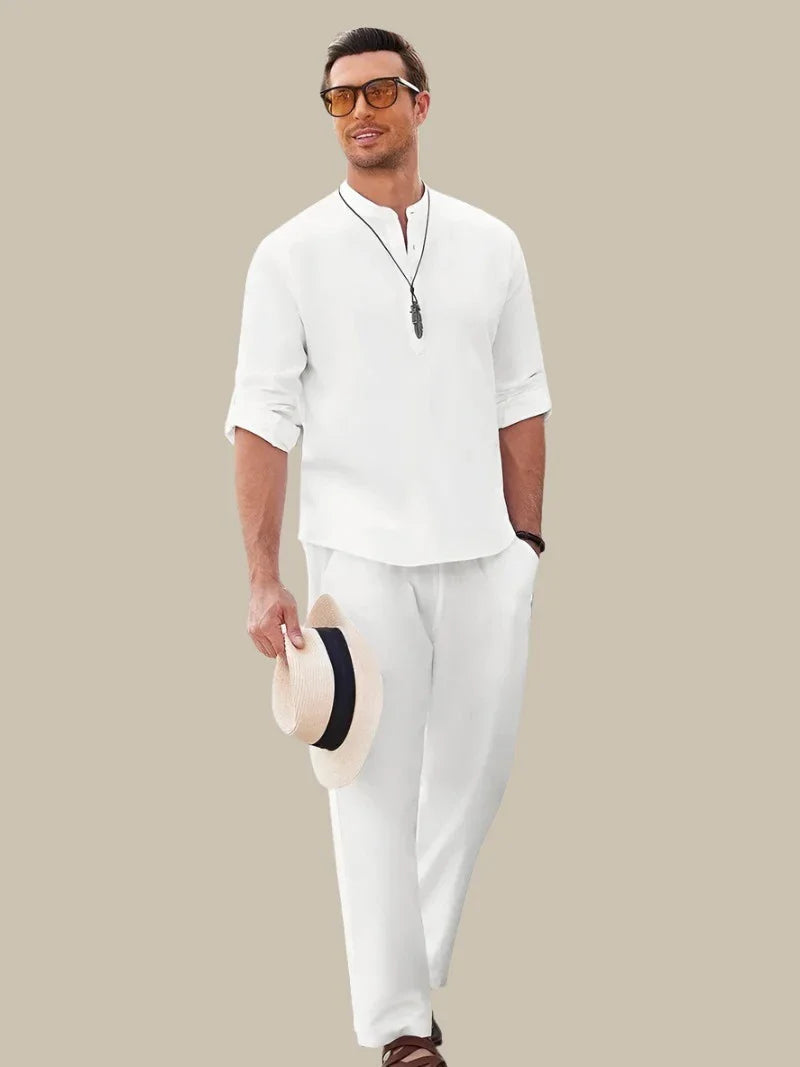 Short Sleeve Button Shirt with Elastic Waist Shorts and Breathable Polyester for Men, Machine Washable
