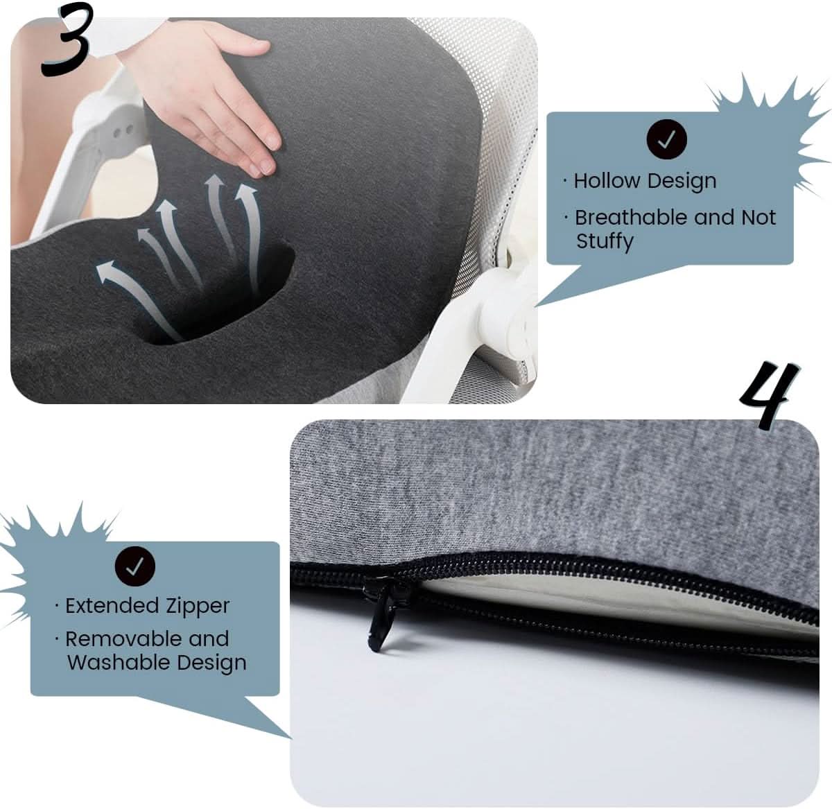 Memory Foam Seat Cushion with Non-Slip Base and Washable Cover