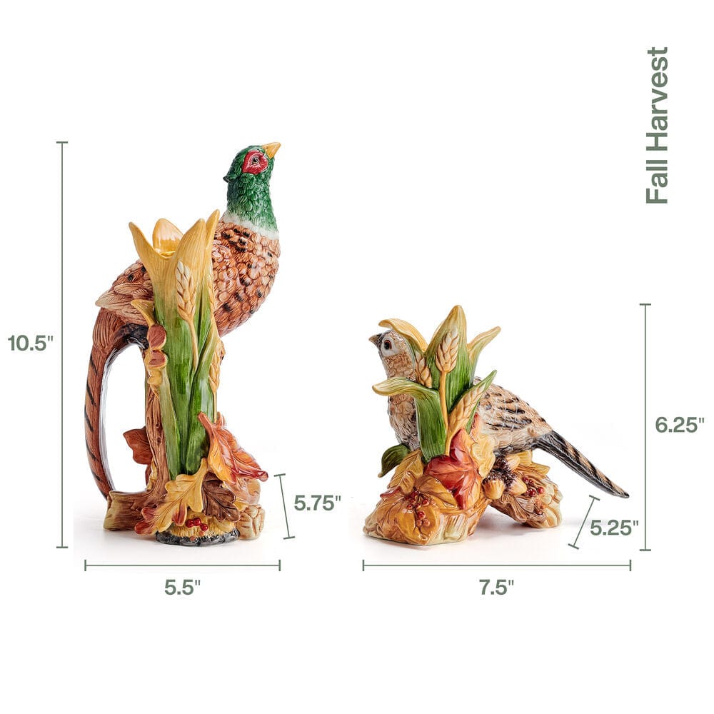 Pheasant candleholders shown side by side with dimensions
