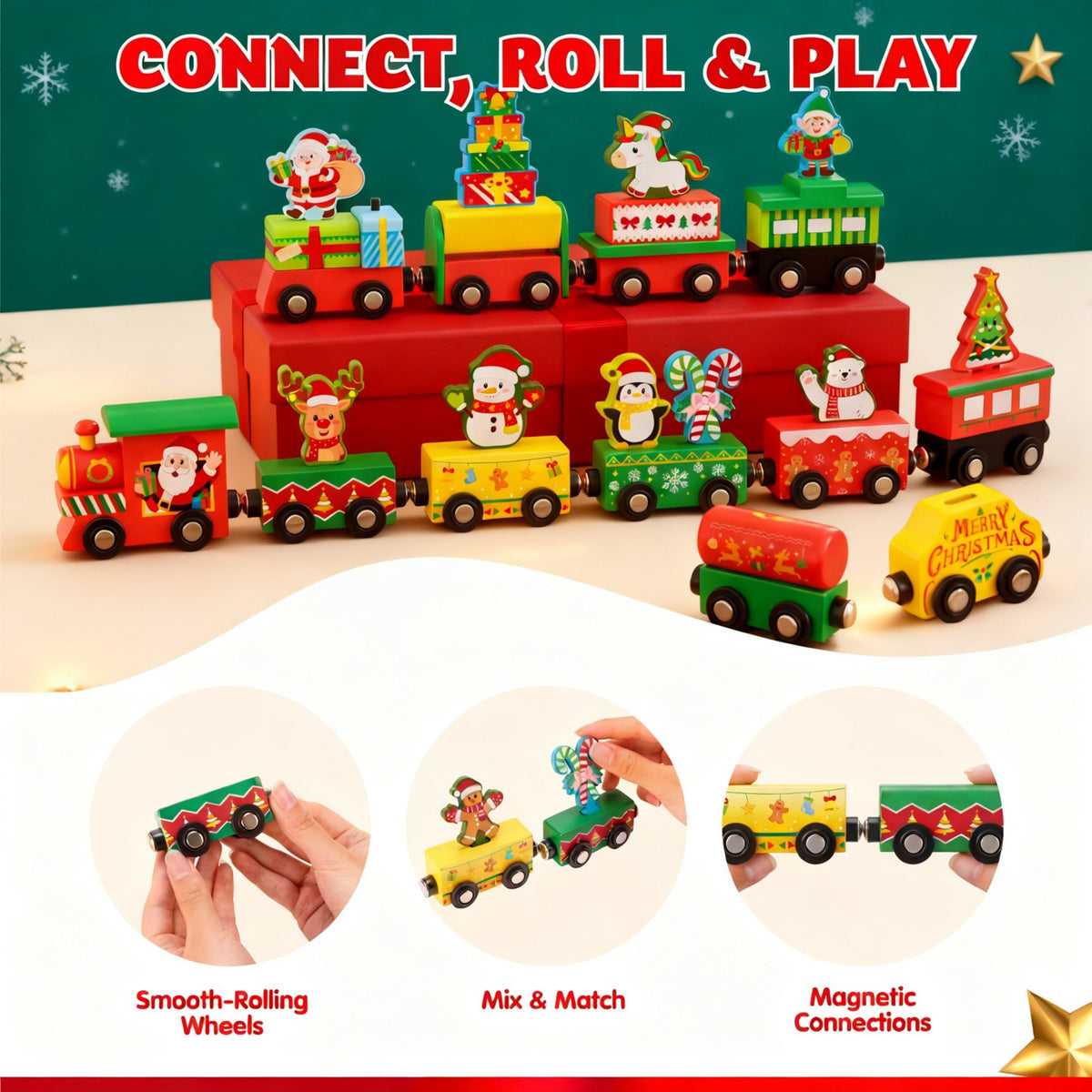 Train Advent Calendar with 12 Friction Powered Cars That Link Together with Magnets