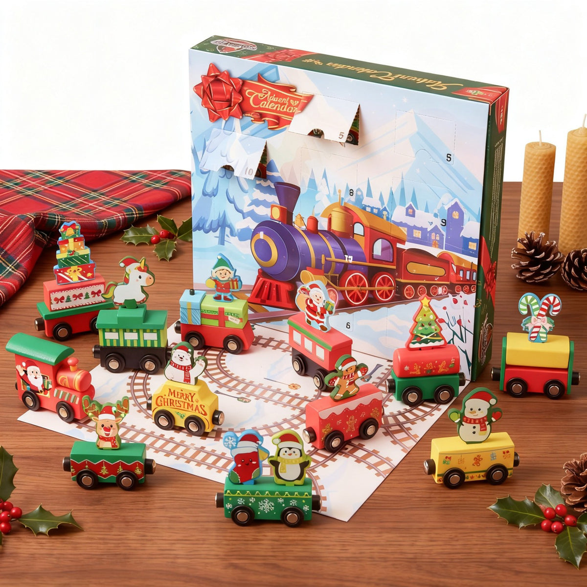 Train Advent Calendar with 12 Friction Powered Cars That Link Together with Magnets