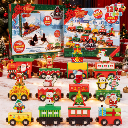Train Advent Calendar with 12 Friction Powered Cars That Link Together with Magnets
