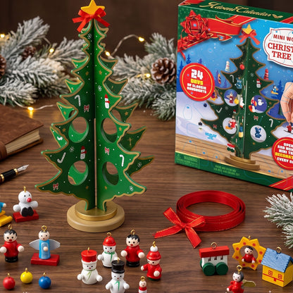 Wooden Tabletop Christmas Tree Advent Calendar with 24 Mini Ornaments for Kids