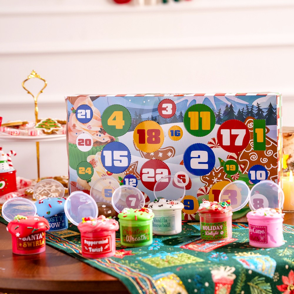 Slime Advent Box with 8 Jars and 16 Add on Packs of Charms and Sprinkles for Holiday Mixing
