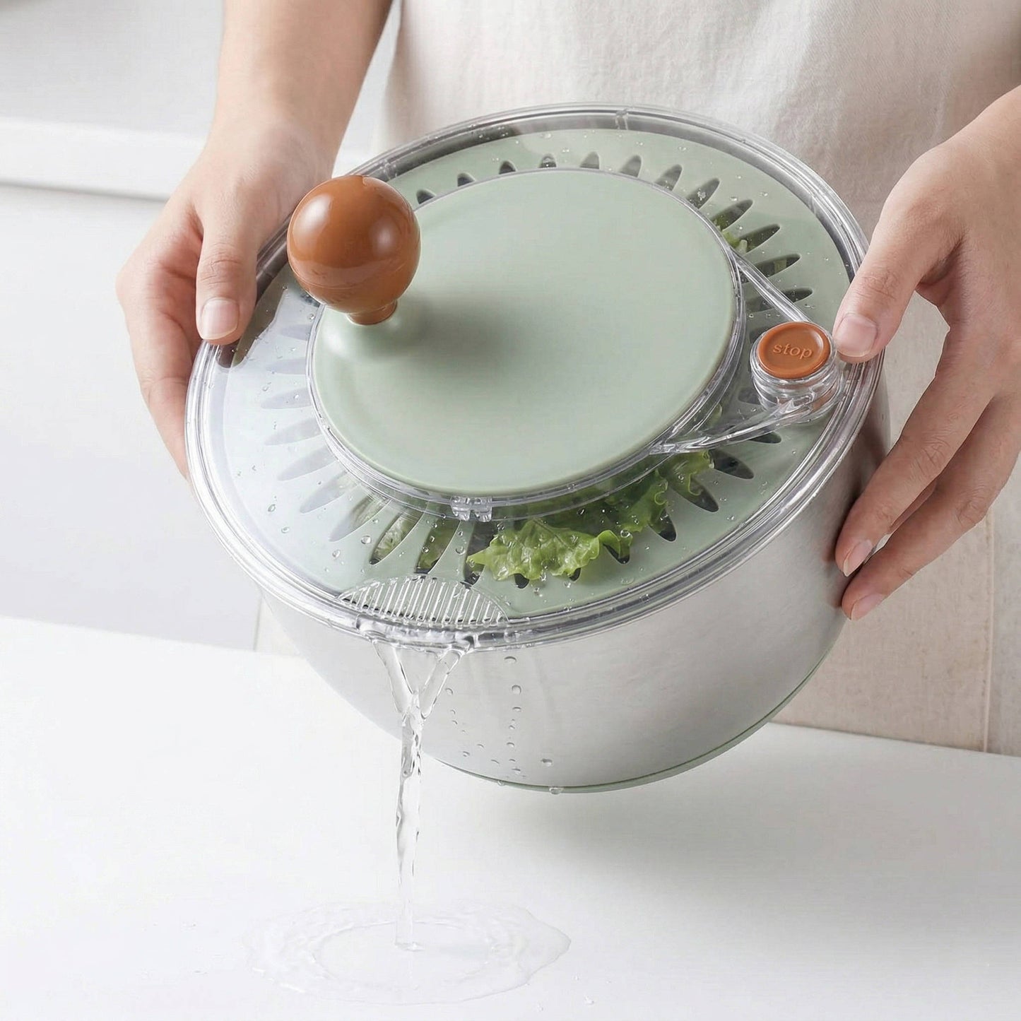 Stainless Steel Salad Spinner with Drain Spout and Non Slip Base Lid