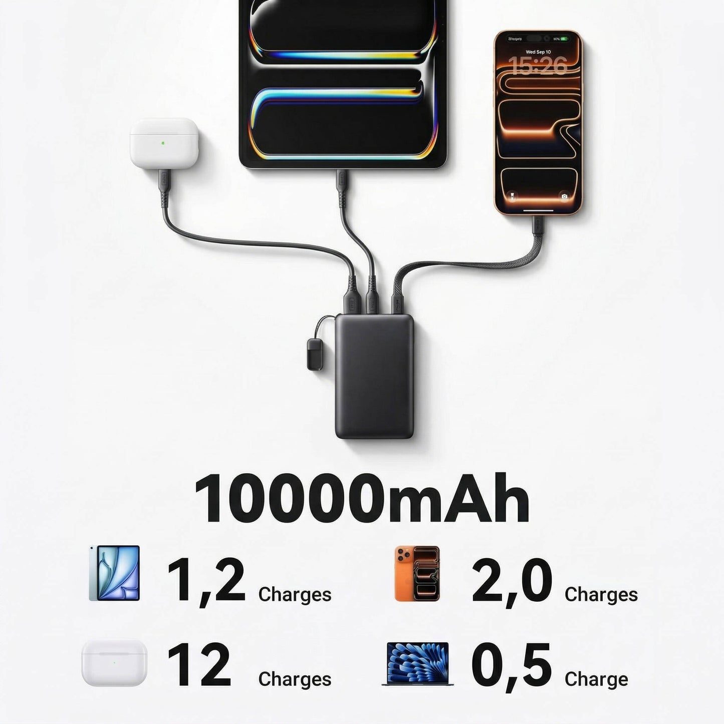 10000mAh Portable Charger with 45W Output and Built In USB-C Cable