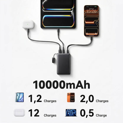 10000mAh Portable Charger with 45W Output and Built In USB-C Cable