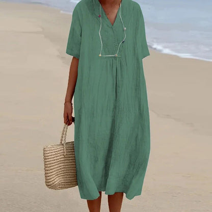 Summer Linen Midi Dress  V-Neck Loose Fit Design - Product detail 6