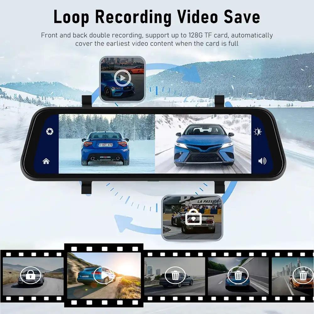 Mirror Dash Cam with Dual Front and Rear Cameras and 9.66 Inch Touchscreen