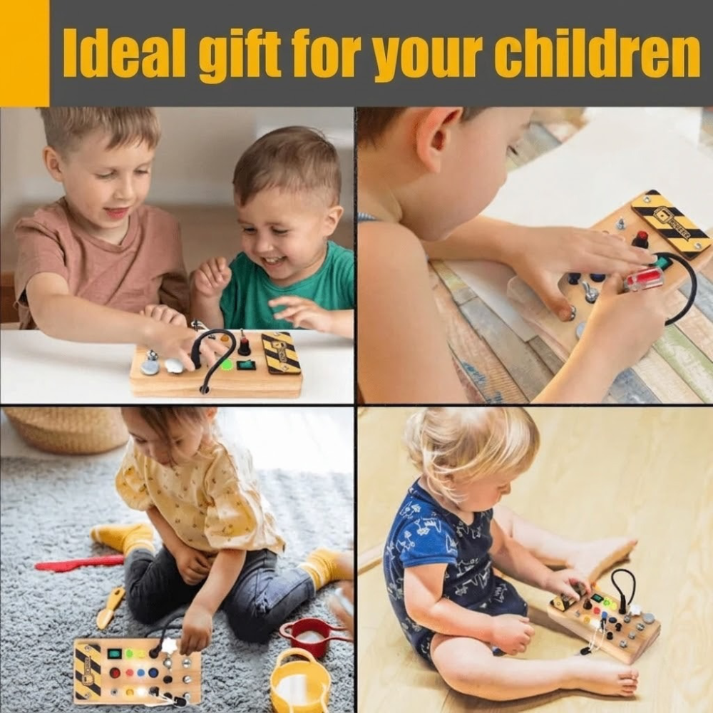 Busy Board Montessori Toy, Wooden Sensory Activity Board with LED Lights
