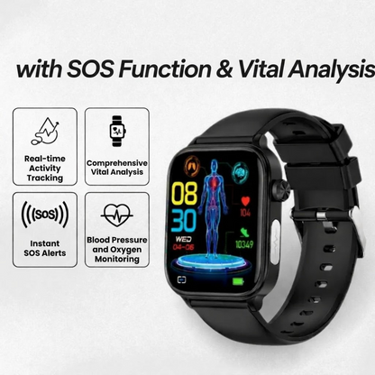 Smartwatch with SOS Alarm, Fall Detection, Heart Rate and Oxygen Tracking, Bluetooth, Water Resistant