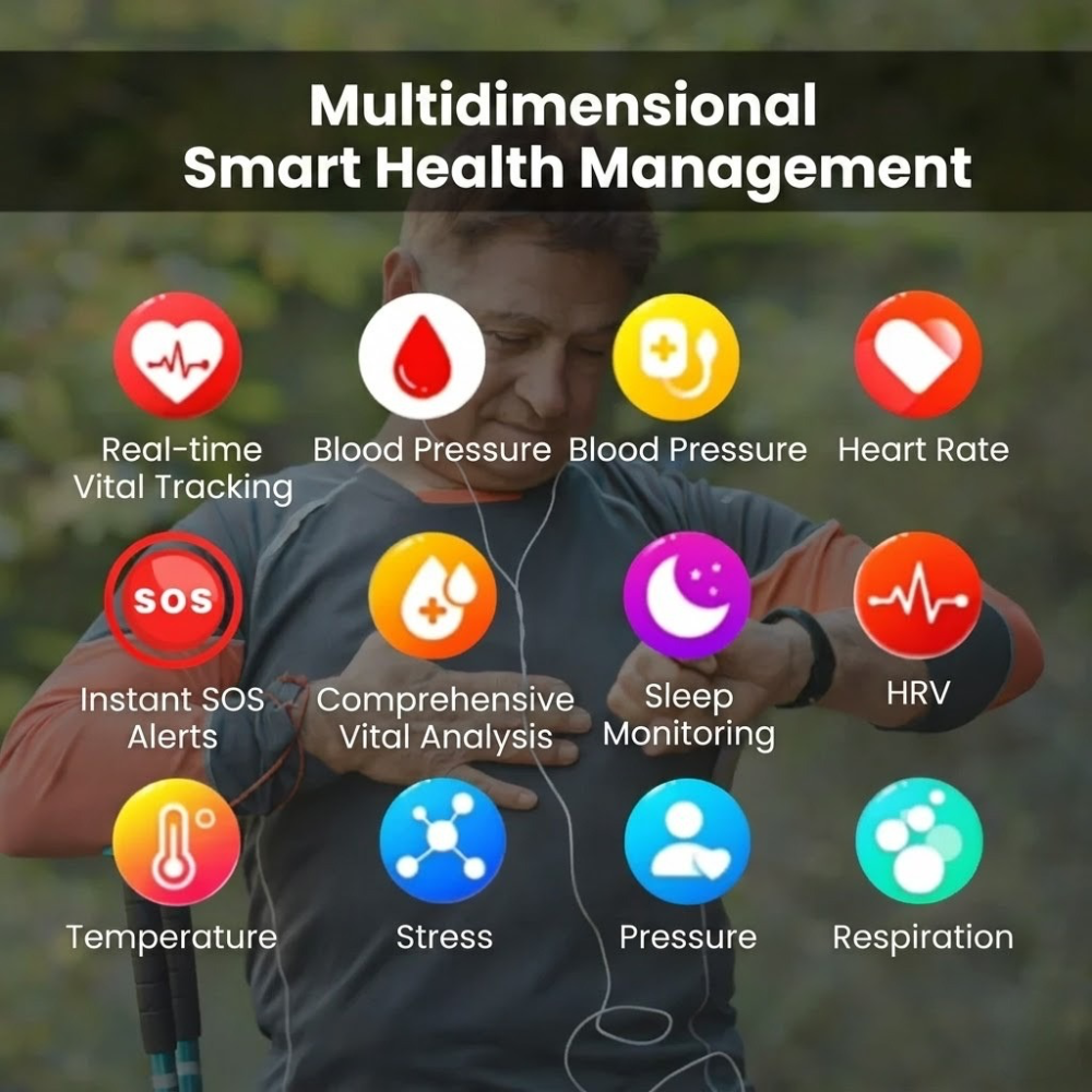 Smartwatch with SOS Alarm, Fall Detection, Heart Rate and Oxygen Tracking, Bluetooth, Water Resistant