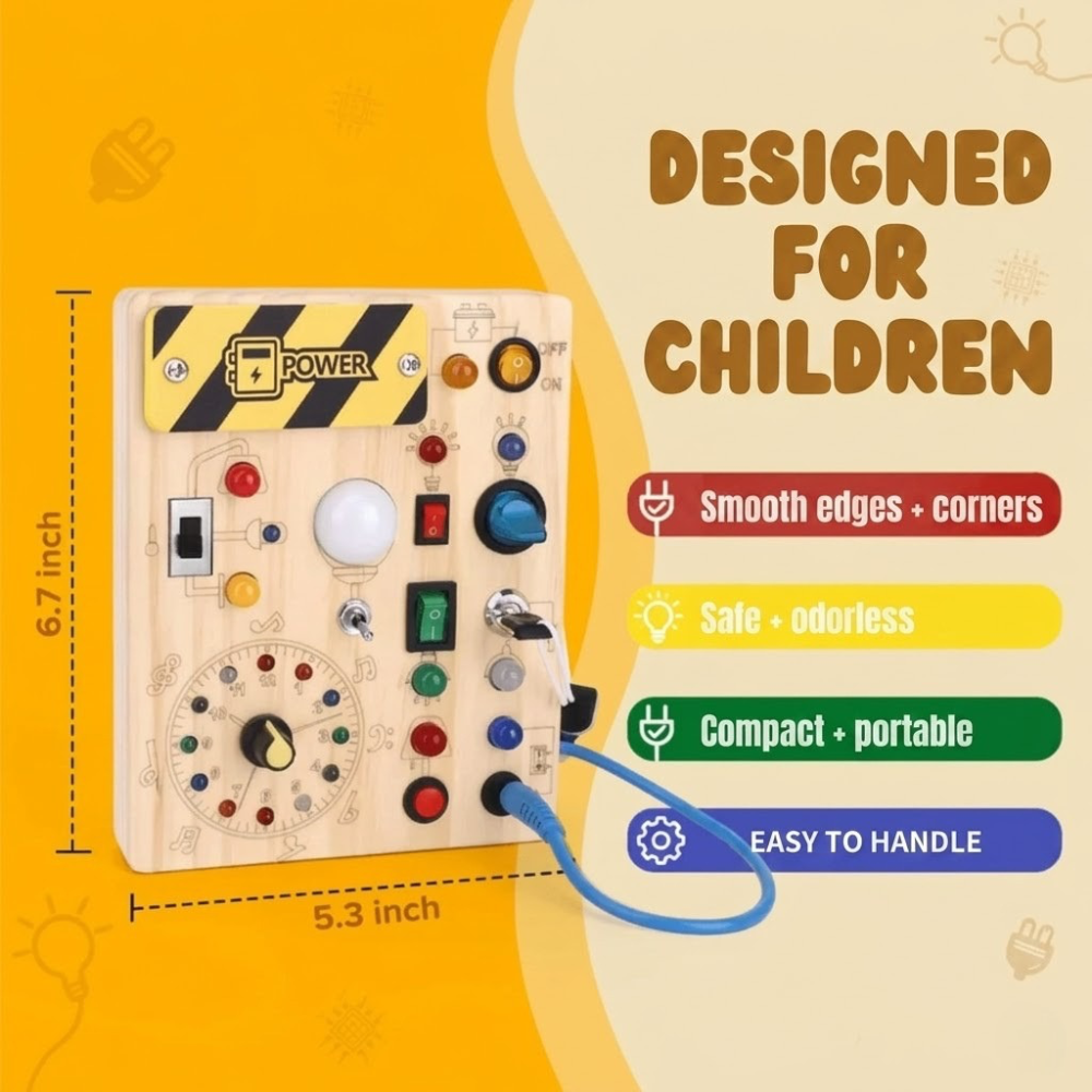 Busy Board Montessori Toy, Wooden Sensory Activity Board with LED Lights