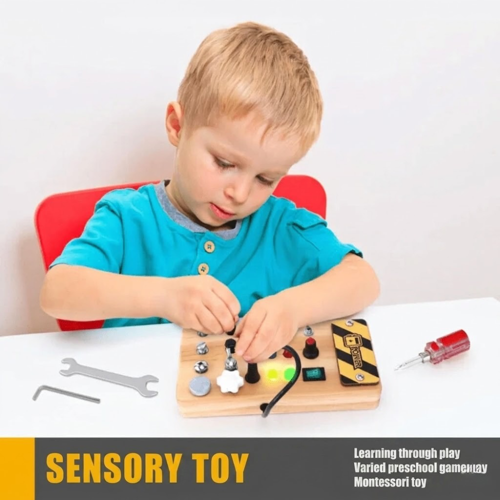 Busy Board Montessori Toy, Wooden Sensory Activity Board with LED Lights