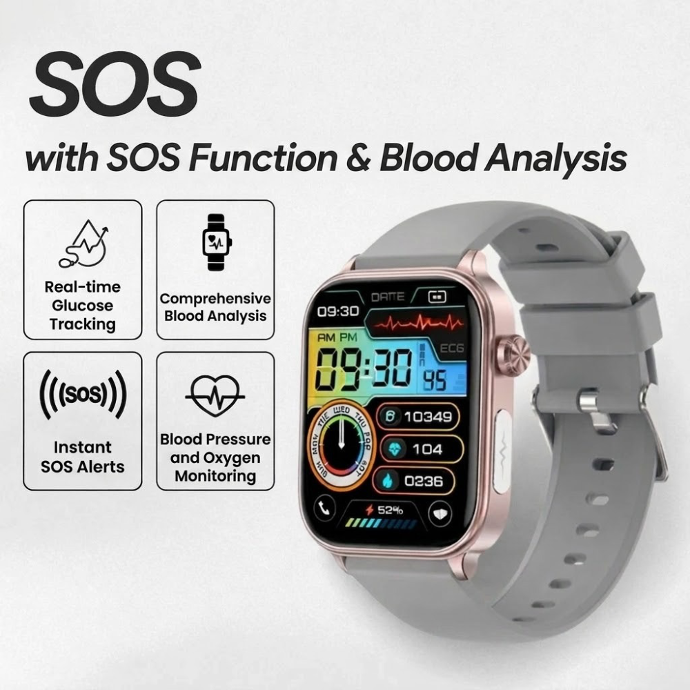Smartwatch with SOS Alarm, Fall Detection, Heart Rate and Oxygen Tracking, Bluetooth, Water Resistant
