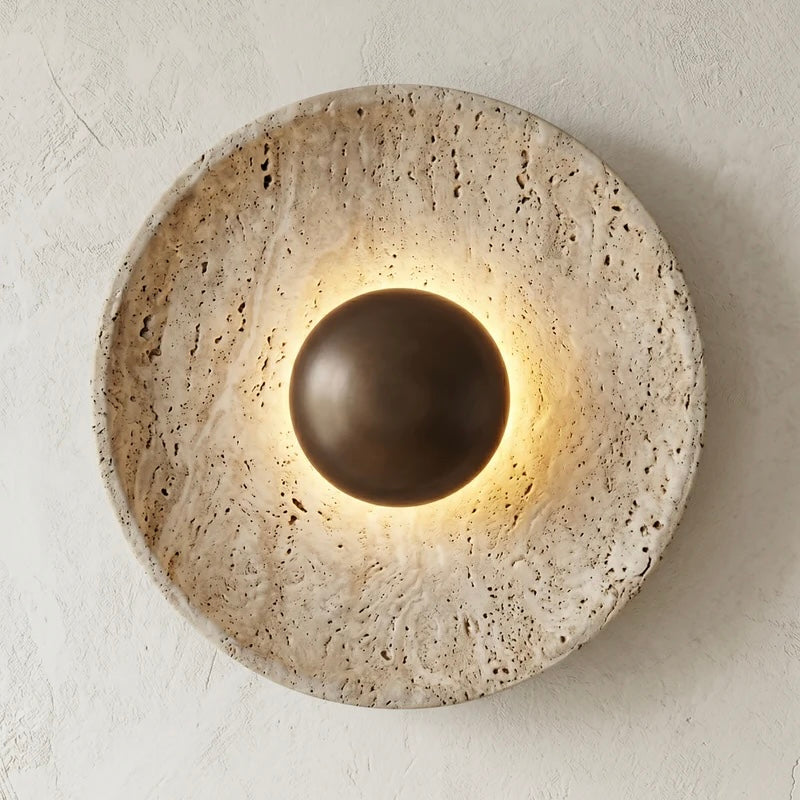 Travertine and Wood Wall Light with Warm LED Glow for Indoor Decor