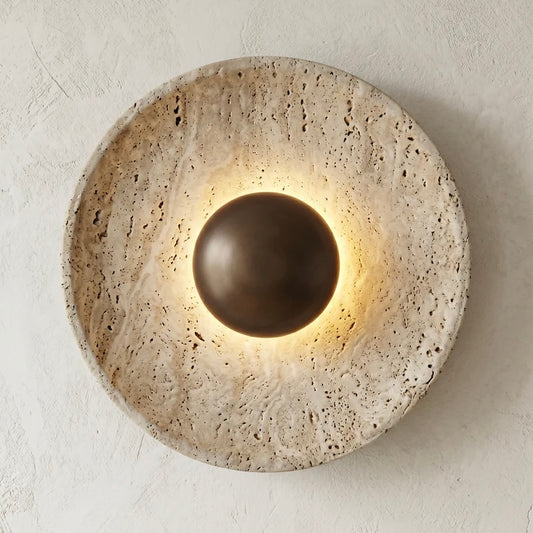 Travertine and Wood Wall Light with Warm LED Glow for Indoor Decor