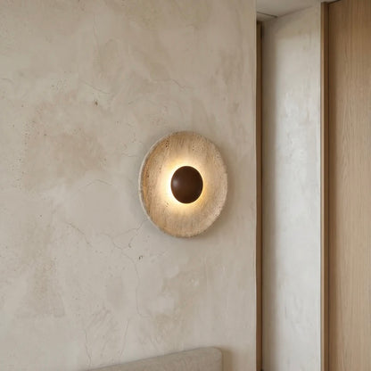 Travertine and Wood Wall Light with Warm LED Glow for Indoor Decor