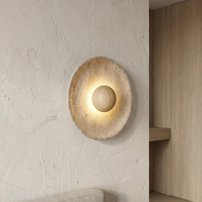 Travertine and Wood Wall Light with Warm LED Glow for Indoor Decor