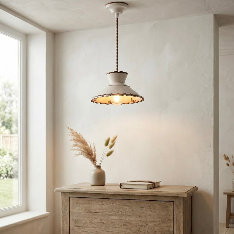 Pleated Ceramic Pendant Light with Adjustable Cord and Metal Mount