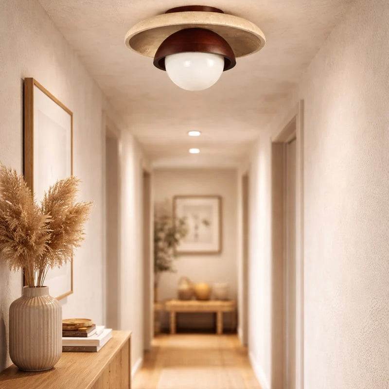 Travertine Ceiling and Wall Light with Opaline Glass Shade