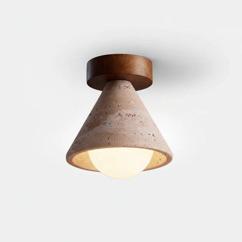 Travertine Ceiling Light with Opal Glass and Solid Wood Details