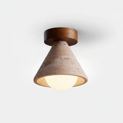 Travertine Ceiling Light with Opal Glass and Solid Wood Details