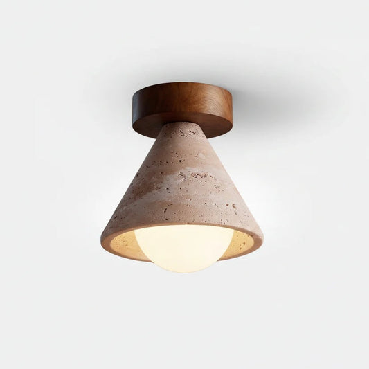 Travertine Ceiling Light with Opal Glass and Solid Wood Details