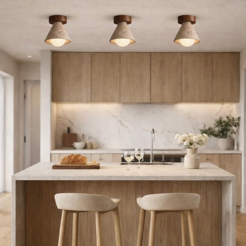 Travertine Ceiling Light with Opal Glass and Solid Wood Details