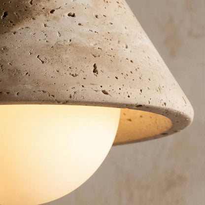 Travertine Ceiling Light with Opal Glass and Solid Wood Details
