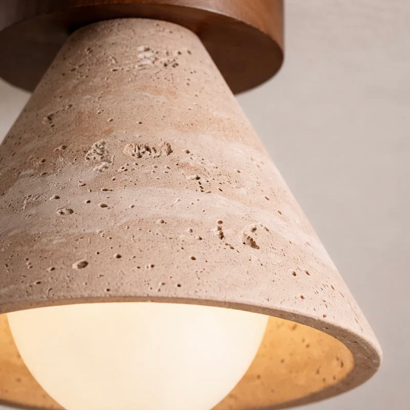 Travertine Ceiling Light with Opal Glass and Solid Wood Details